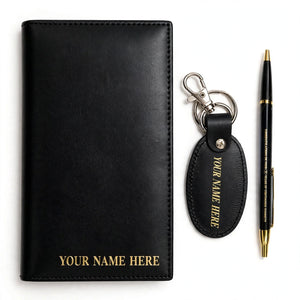 Personalized Black Long Wallet, Keychain & Pen Gift Set – Custom Name | Pakistan