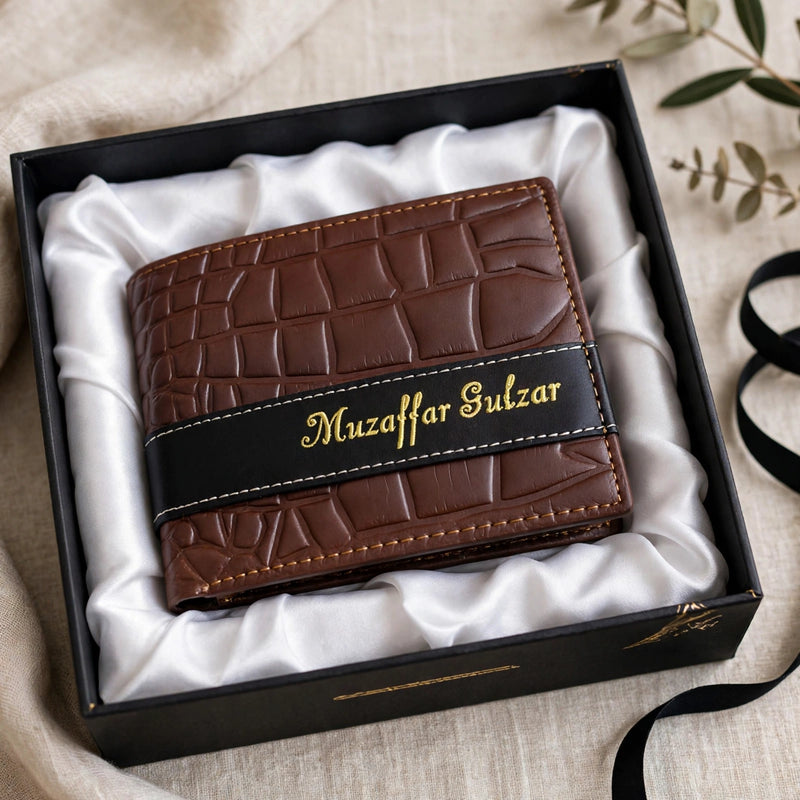 Personalized Crocodile Leather Wallet – Custom Gold Name Engraved Luxury Gift Box | Pakistan