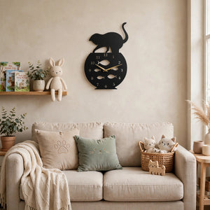 Fish Bowl & Cat 3D Acrylic Wall Clock – Unique Home Decor | Pakistan