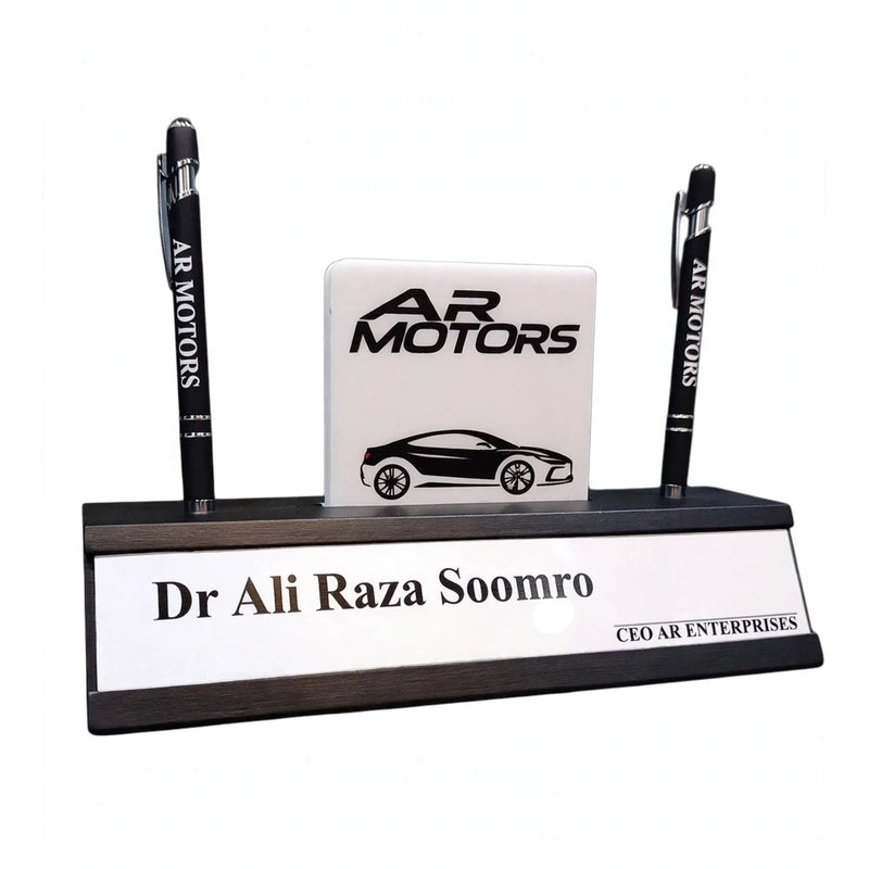 Customized Wooden Acrylic Table Name Plate with 2 Personalized Pens – Office Desk Name Plate