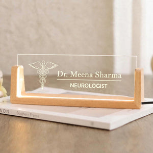 Customized LED Table Sign with Solid Wooden Base – Personalized Name & Logo Desk Light | Office & Business Sign