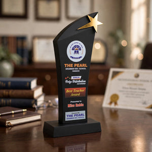Premium Black Acrylic Gold Star Trophy – Custom Teacher & School Award Shield | Pakistan