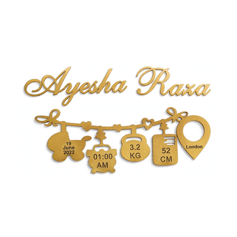 Custom Acrylic Baby Birth Details Plaque – Name, Date, Time, Height & Weight with Golden Foil