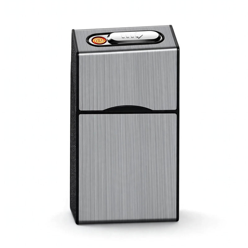 Pop-Up Cigarette Case with Electric Lighter – Silver Oval Slider Model