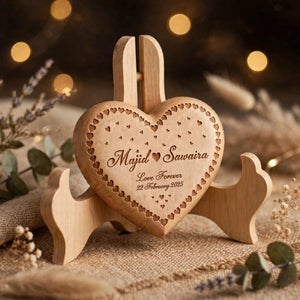 Personalized Wooden Heart Photo Frame with Engraving, Stand & Gift Box – 6x6 Inch
