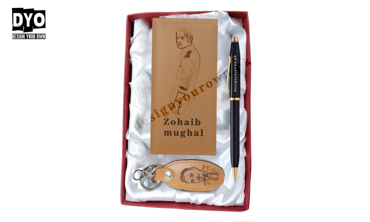 Picture And Name Long Wallet Keychain And Pen With Gift Box - In Camel Color