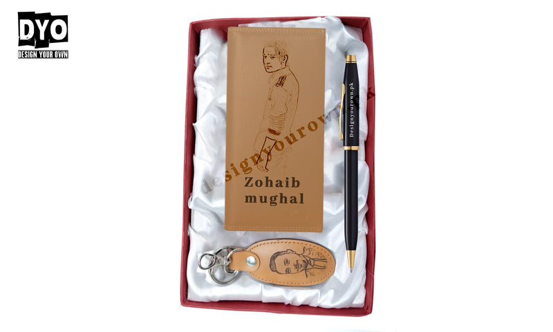 Picture And Name Long Wallet Keychain And Pen With Gift Box - In Camel Color