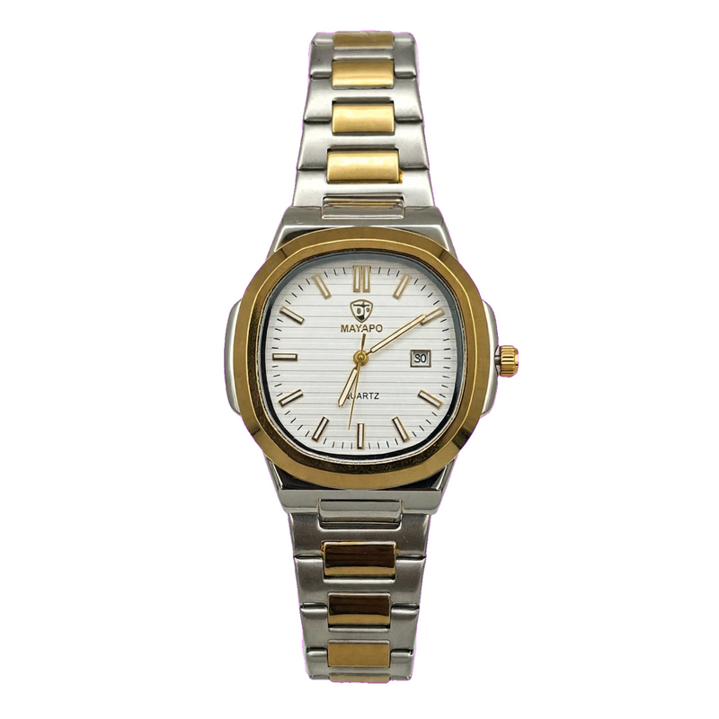 MAYAPO Luxury White Dial Watch for Men – Two-Tone Stainless Steel Quartz with Date | Premium Gift Box