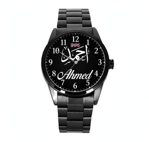 Customized Metal Chain Hand Watch – Black | Personalized Watch with Display Stand