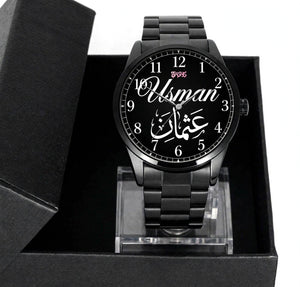 Customized Metal Chain Hand Watch – Black | Personalized Watch with Display Stand
