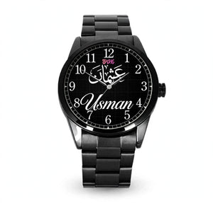 Customized Metal Chain Hand Watch – Black | Personalized Watch with Display Stand