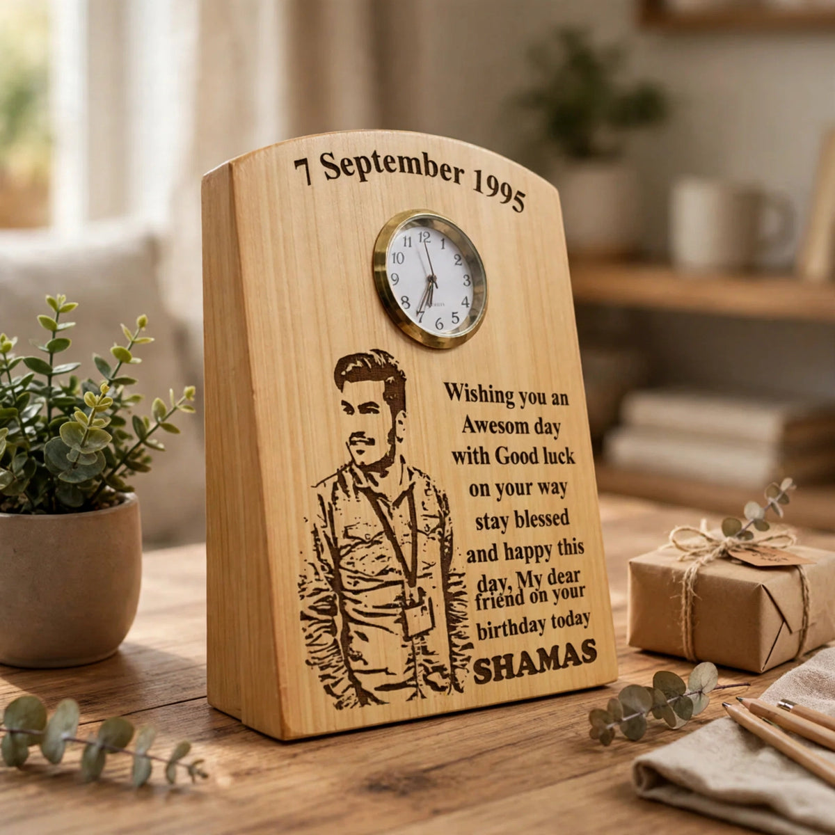 Personalized Engraved Wooden Clock Table Frame 5x7 – Custom Name & Photo | Gift Pakistan