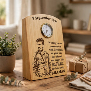 Personalized Engraved Wooden Clock Table Frame 5x7 – Custom Name & Photo | Gift Pakistan