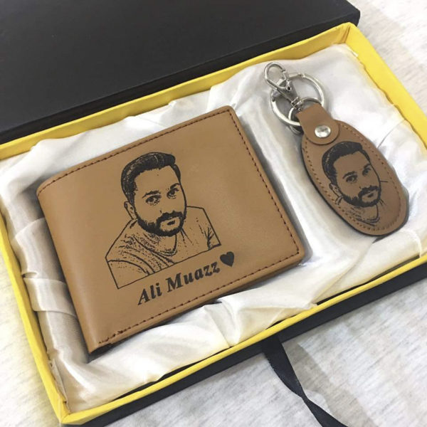 Design Your Own Custom Picture And Name Wallet And Keychain With Gift Box - In Camel Color