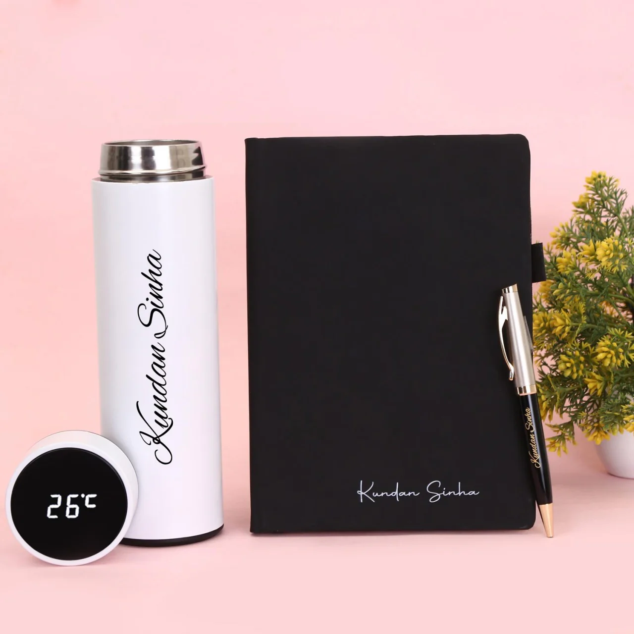Name Logo Customized Diary Hard Card - With Gift Box + Customized LED Smart Water Bottle + Customized Metallic Pen – With Gift Box