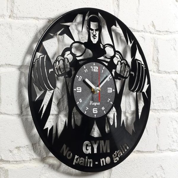 Gym Vinyl Clock - Gym Wall Decor - Gym Gift Idea - Gym Wall Clock - Powerlifter Crossfit Home Room Bodybuilder Gym Gifts Gift Set Garage Gym Lover Theme Bodybuilding Wall Decor Art Clock Black